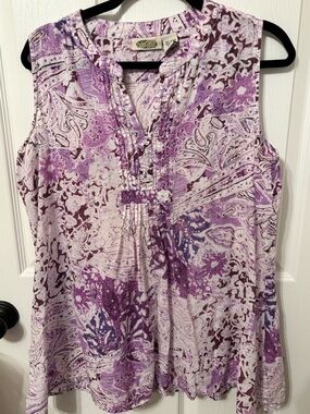 Collections Etc Purple Floral Sleeveless Blouse Boho Cotton Top 100% cotton